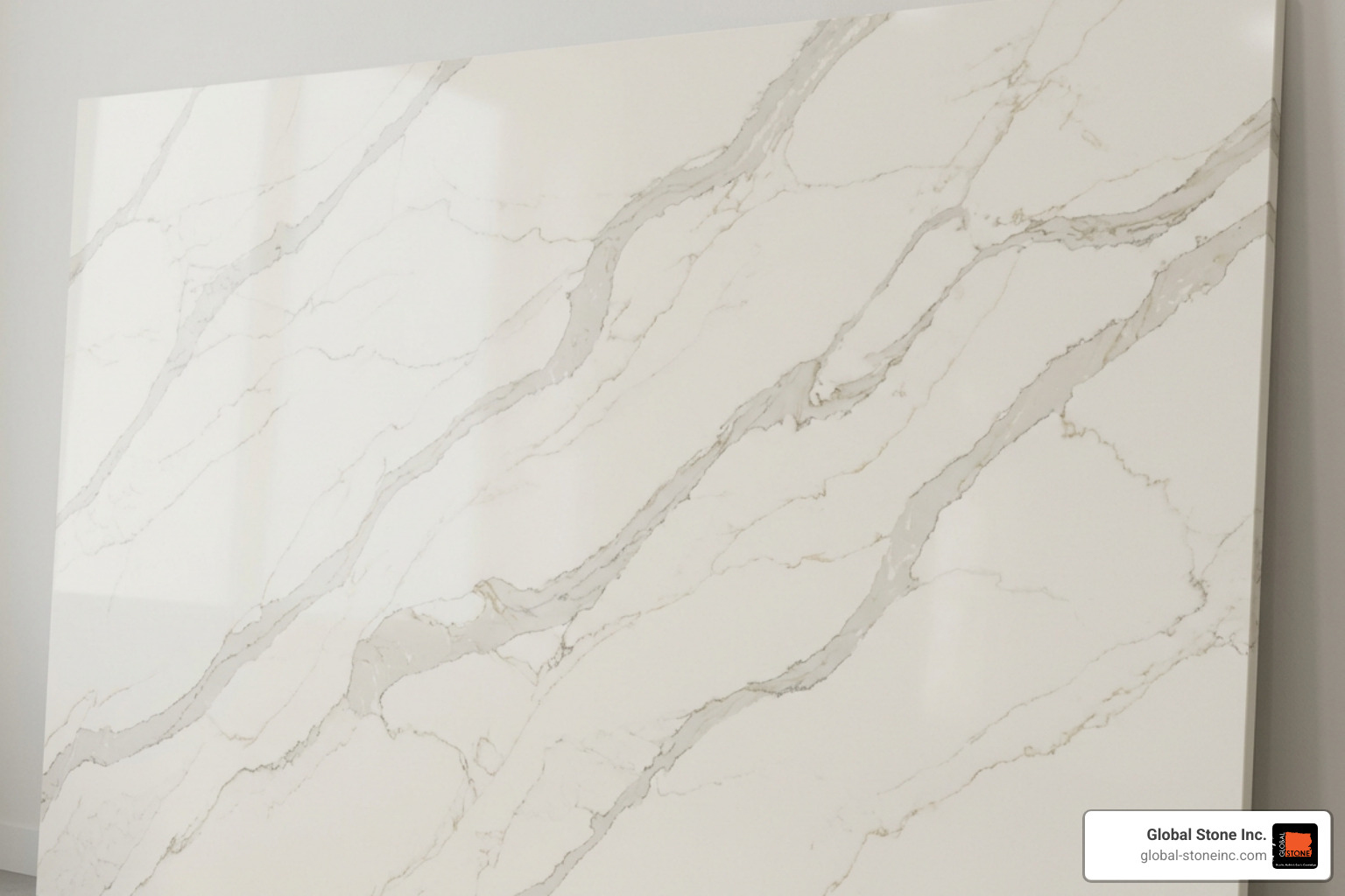 Calacatta Nuvo quartz slab showing elegant veining pattern on a creamy base