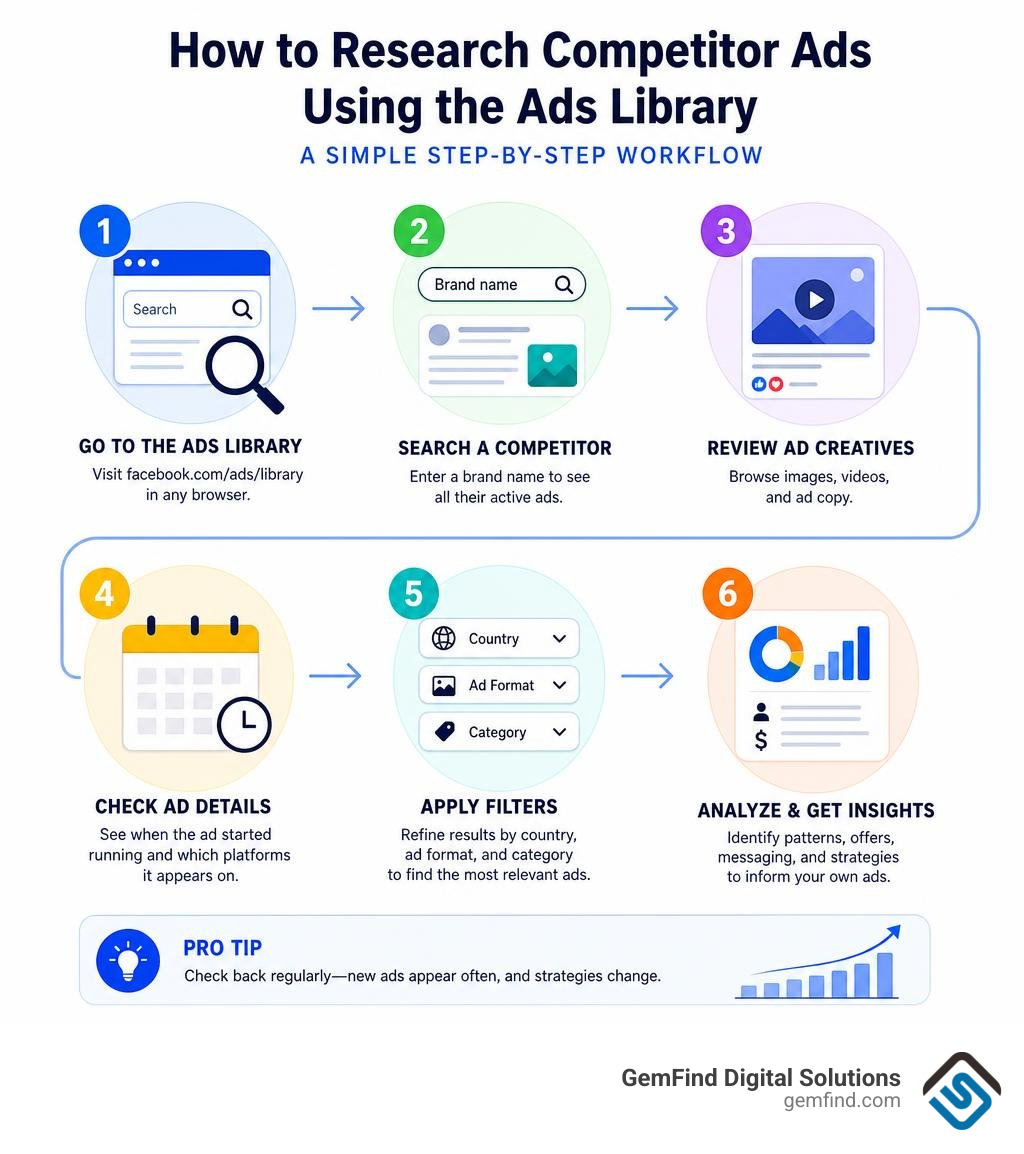 Workflow infographic: how to research competitor ads using the Facebook Ads Library step by step infographic