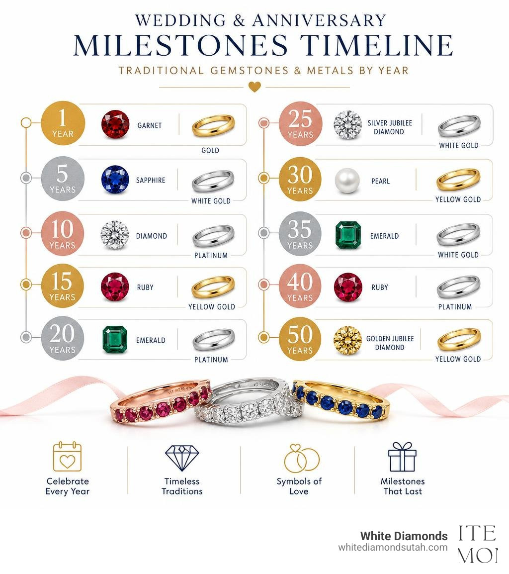 Timeline of wedding and anniversary milestones with traditional gemstones and metals by year infographic