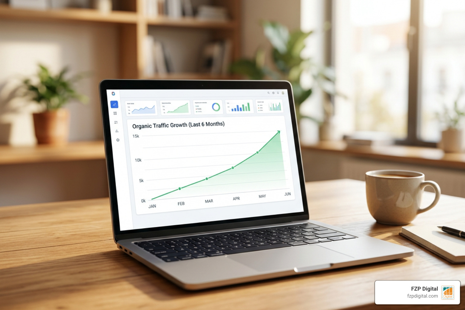 SEO growth timeline showing steady organic traffic increase over 6 months