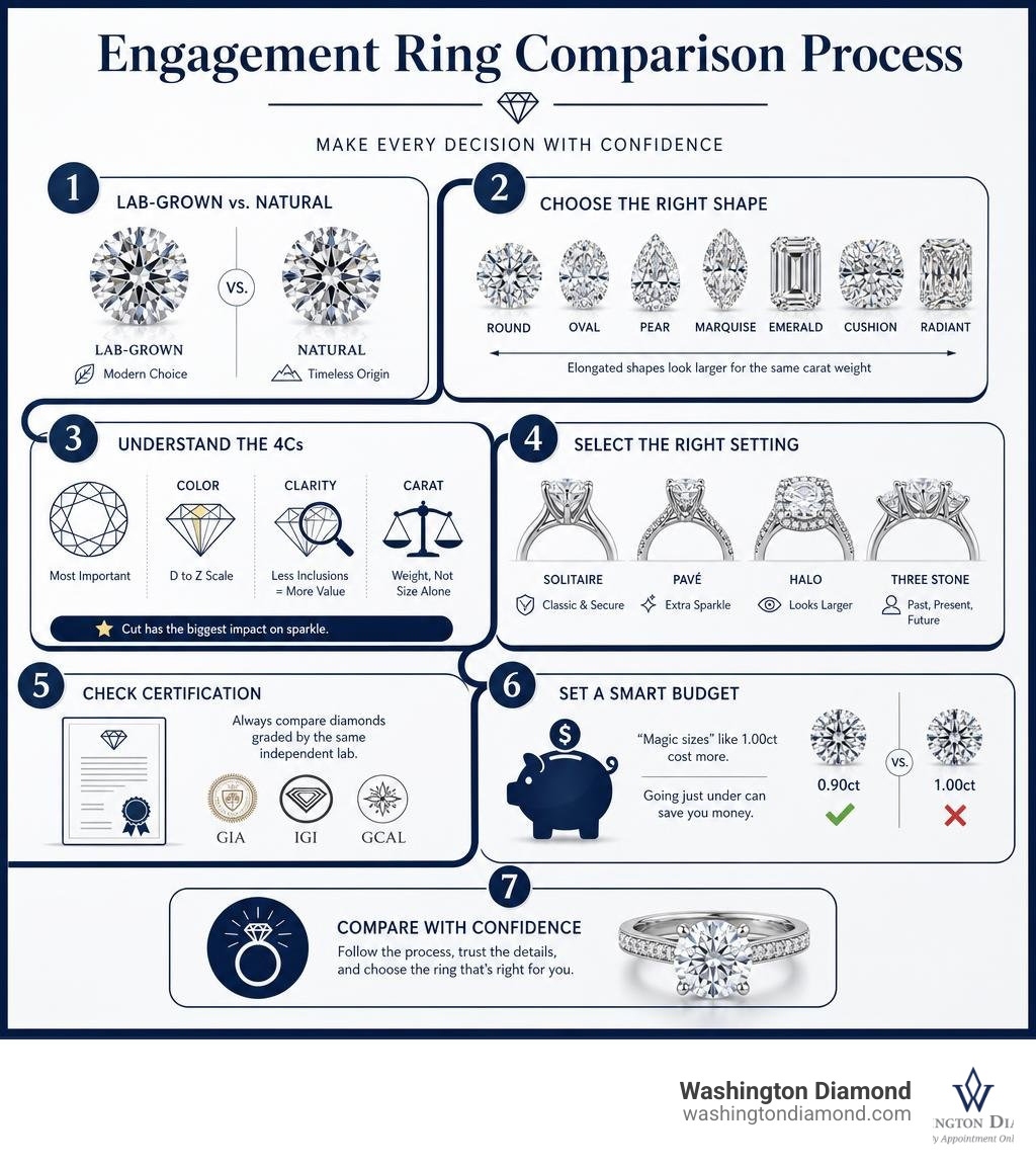 Engagement ring comparison process: lab vs natural, shapes, 4Cs, settings, and budget infographic