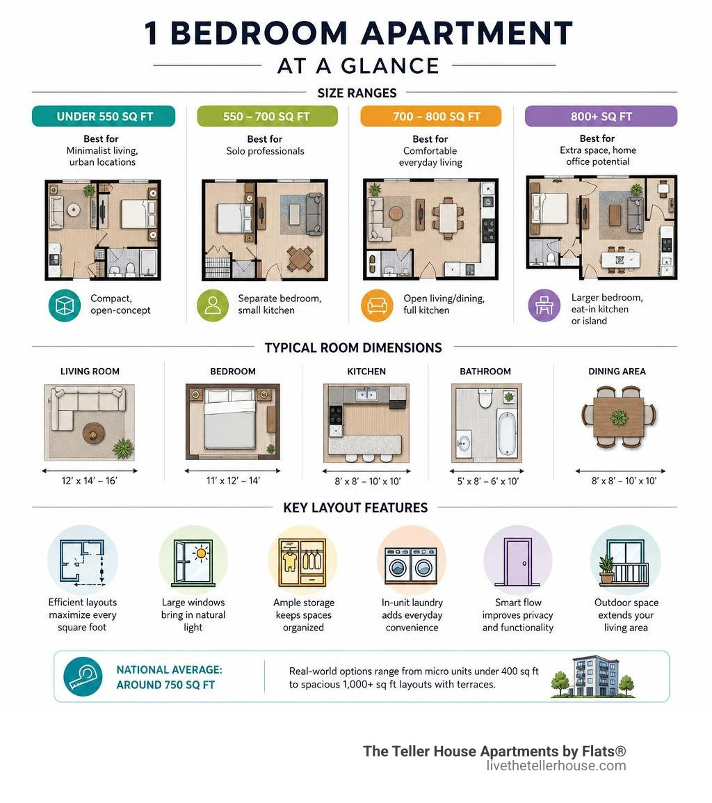 Infographic showing 1 bedroom apartment size ranges, typical room dimensions, and key layout features infographic