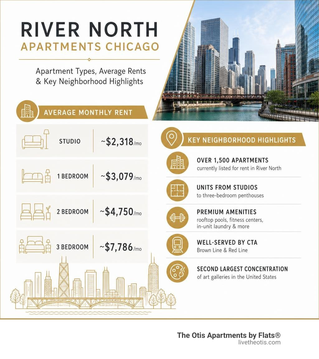 Infographic showing River North apartment types, average rents, and key neighborhood highlights infographic Infographic showing River North apartment types, average rents, and key neighborhood highlights infographic