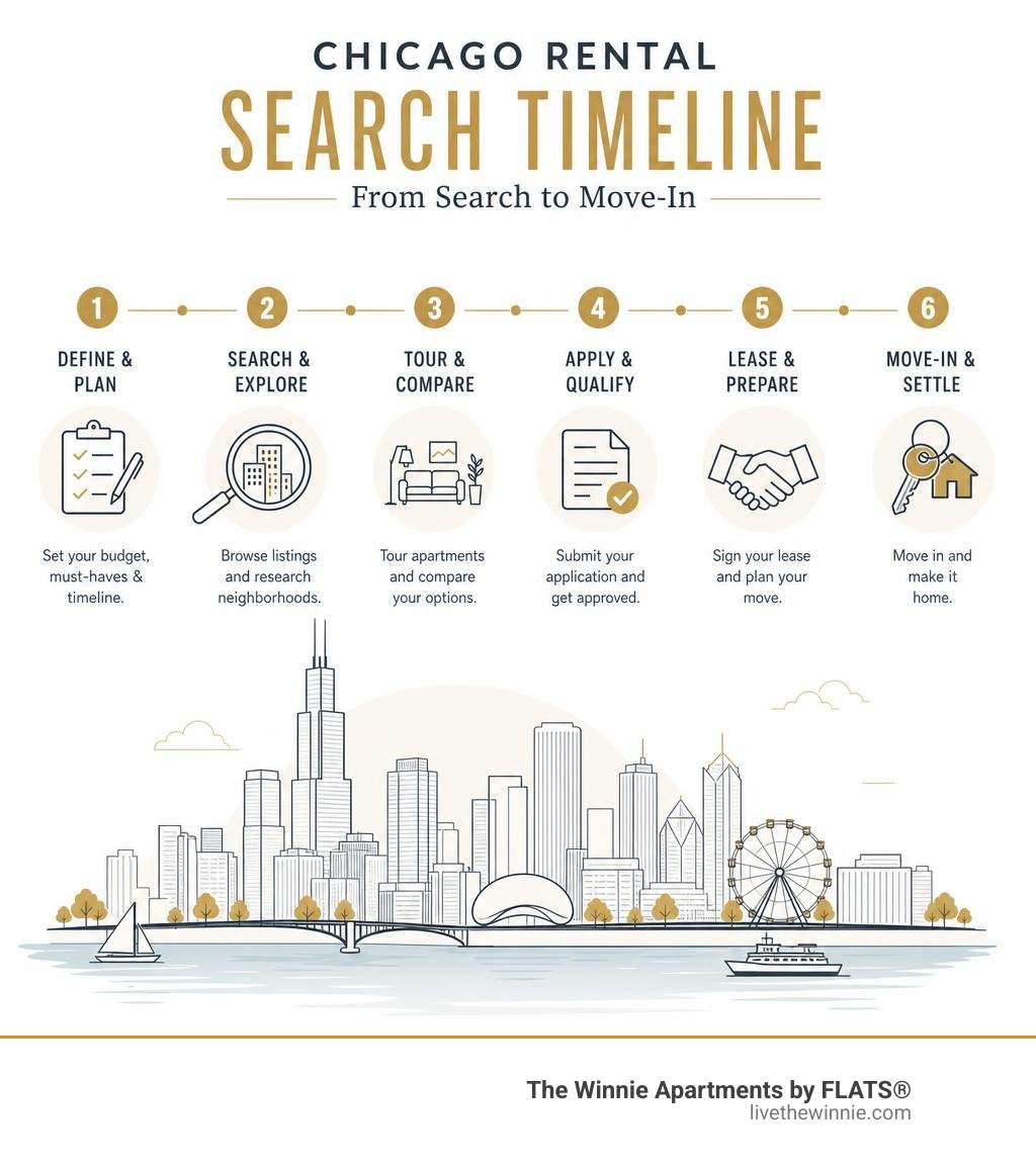 Chicago rental search timeline infographic showing steps from search to move-in infographic Chicago rental search timeline infographic showing steps from search to move-in infographic