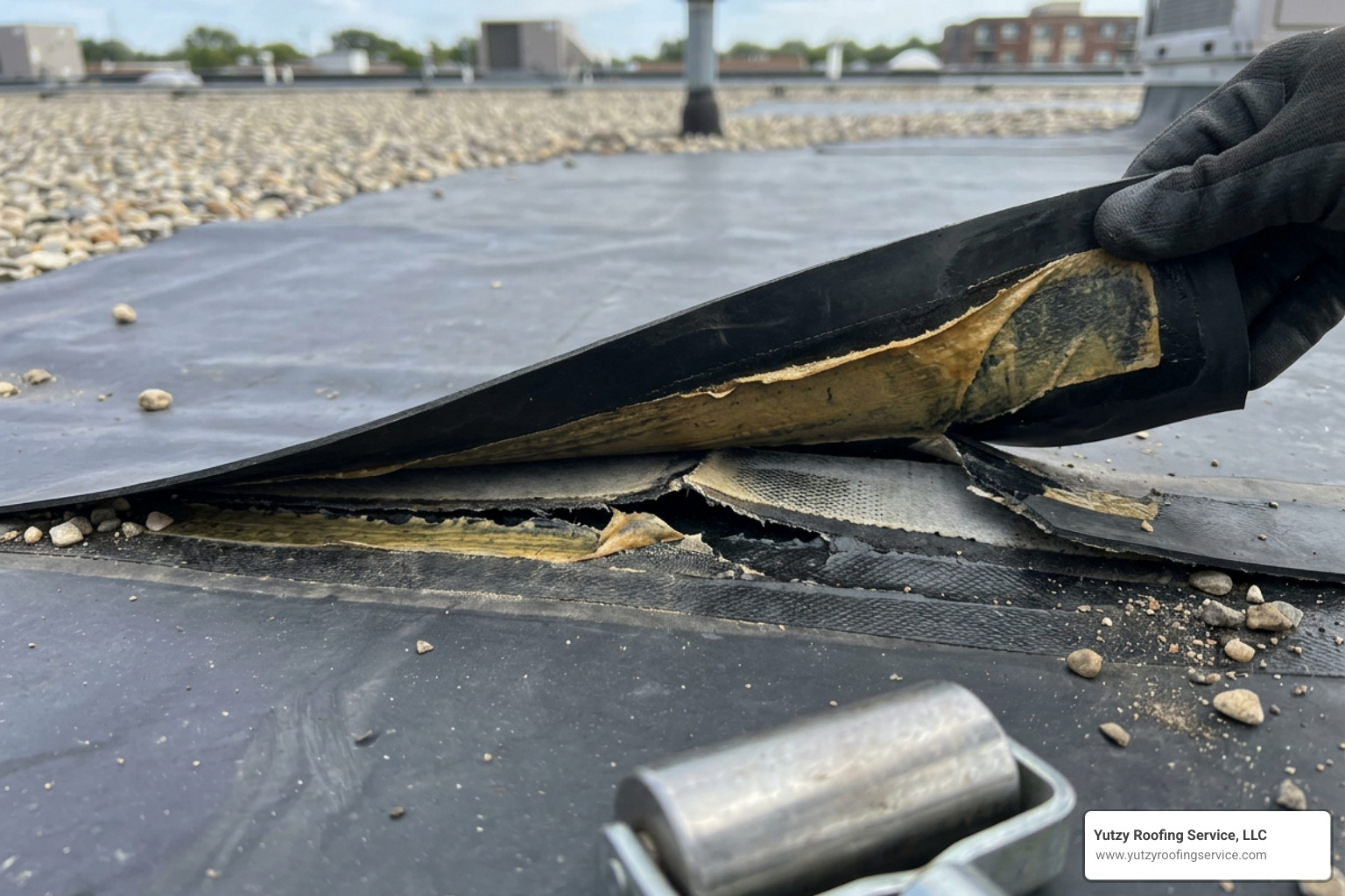 Separated EPDM seam on a commercial building showing open lap and exposed adhesive Separated EPDM seam on a commercial building showing open lap and exposed adhesive