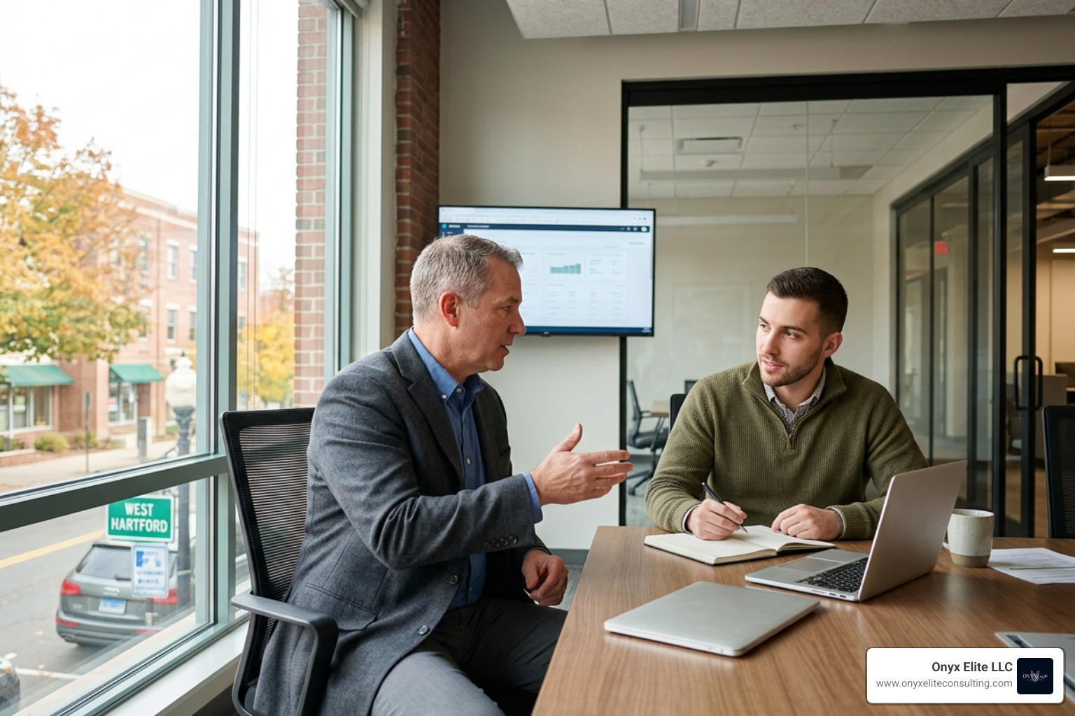Business consultant advising entrepreneur in West Hartford