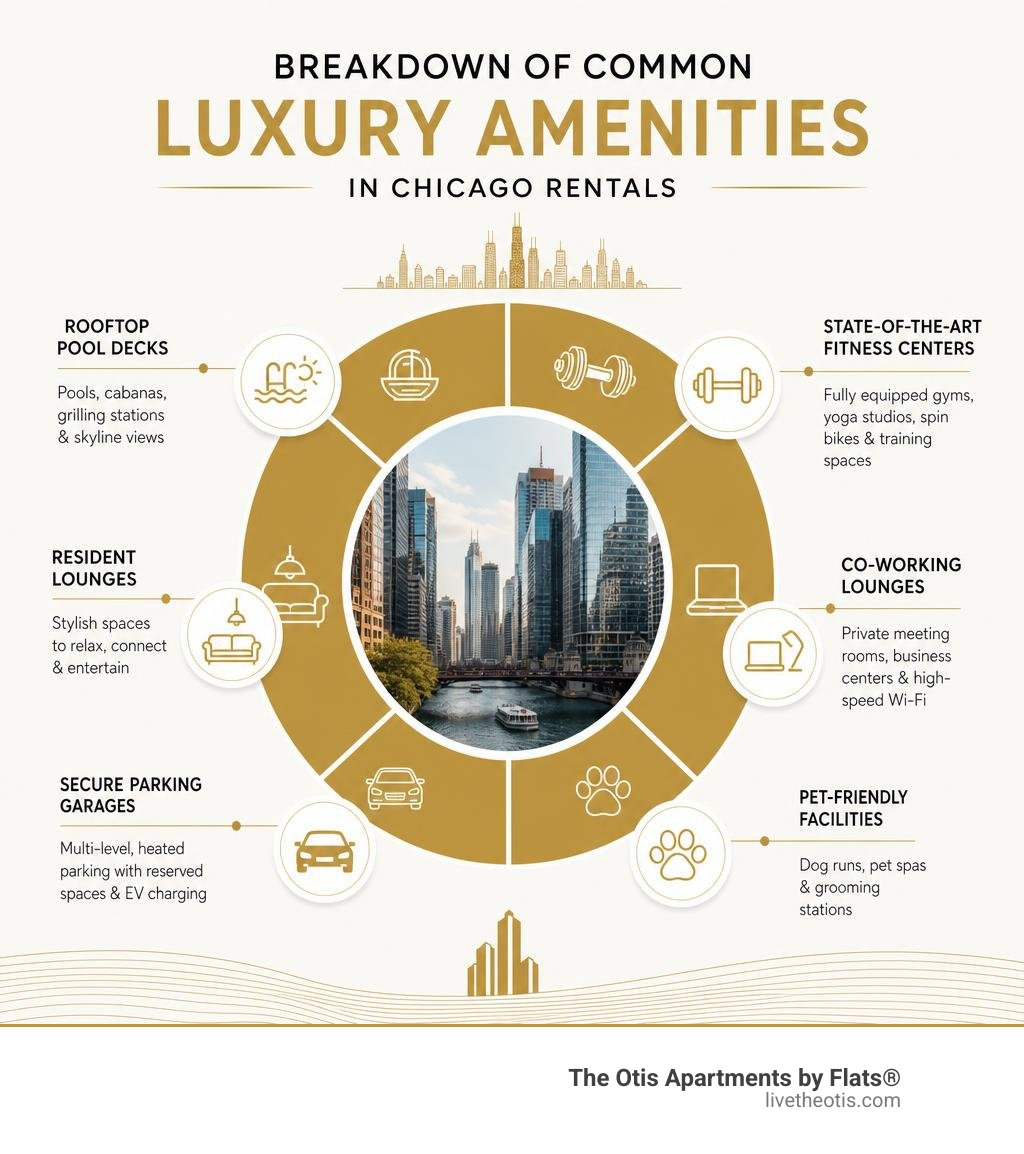 Infographic detailing the breakdown of common luxury amenities in Chicago rentals infographic Infographic detailing the breakdown of common luxury amenities in Chicago rentals infographic