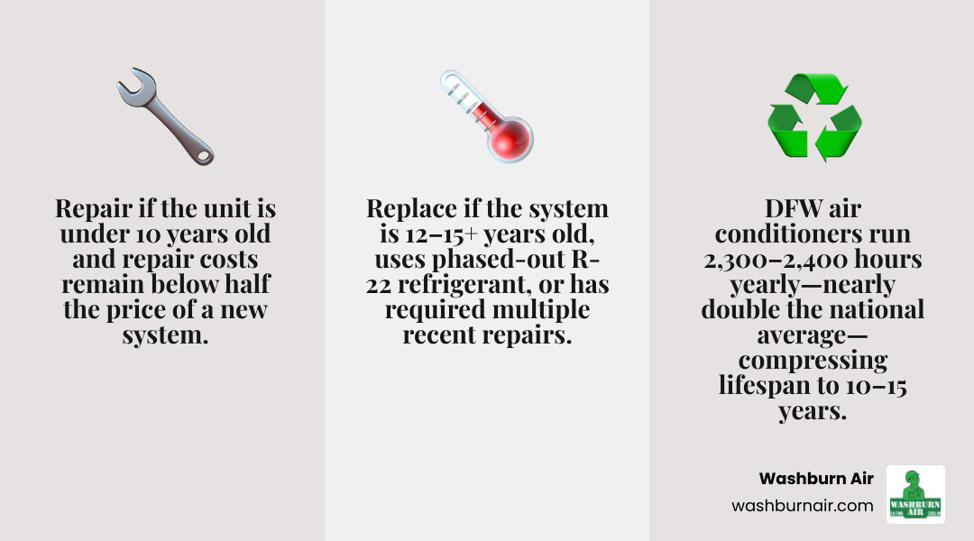 AC repair vs replace decision matrix infographic for DFW homeowners showing age, cost, and refrigerant factors infographic AC repair vs replace decision matrix infographic for DFW homeowners showing age, cost, and refrigerant factors infographic