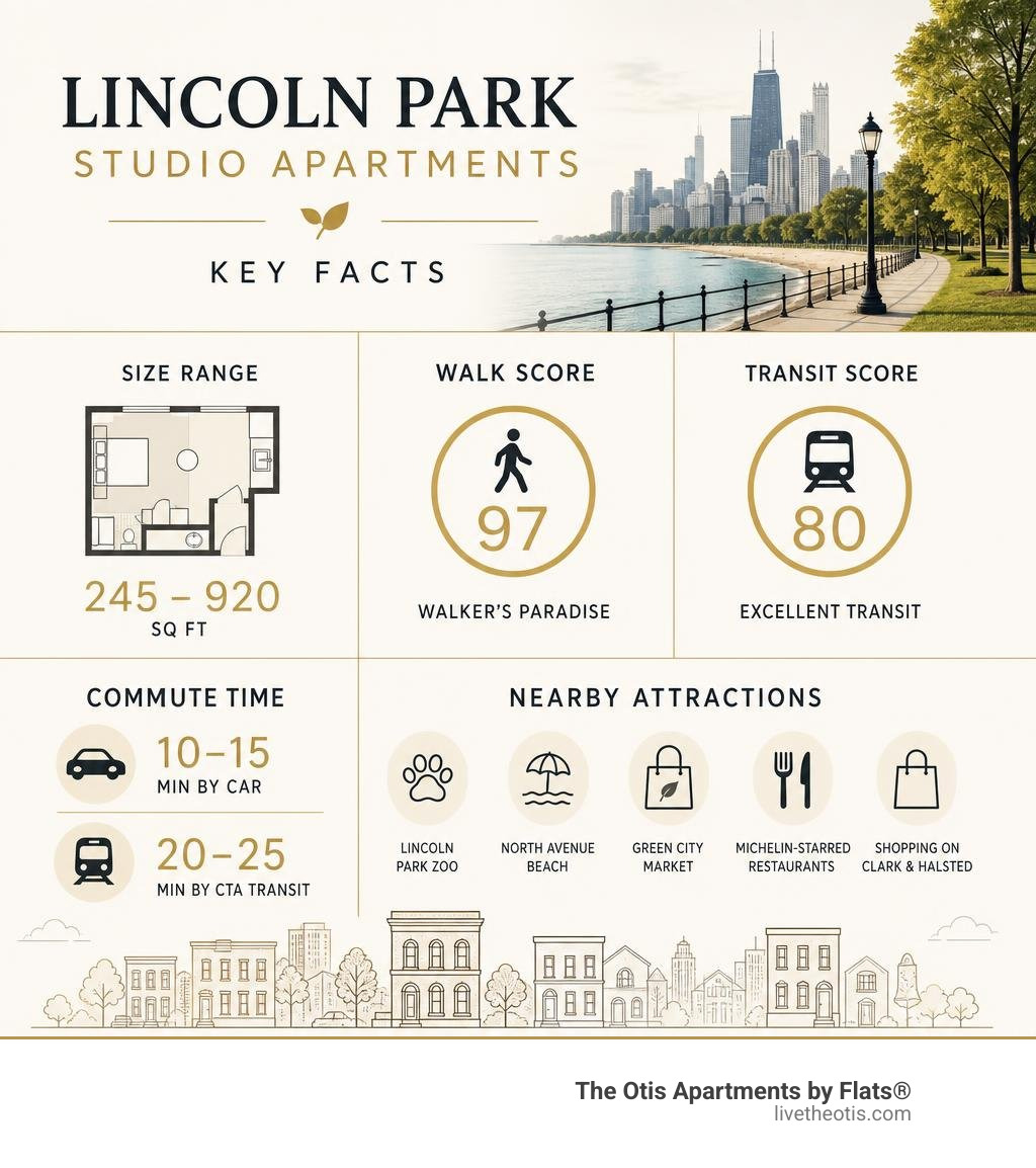 Lincoln Park studio apartment key facts infographic: size range, walk score, transit score, commute time, nearby attractions Lincoln Park studio apartment key facts infographic: size range, walk score, transit score, commute time, nearby attractions