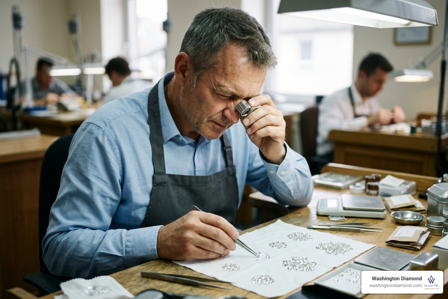 Master jeweler hand-selecting diamonds under a loupe for perfect matching and brilliance