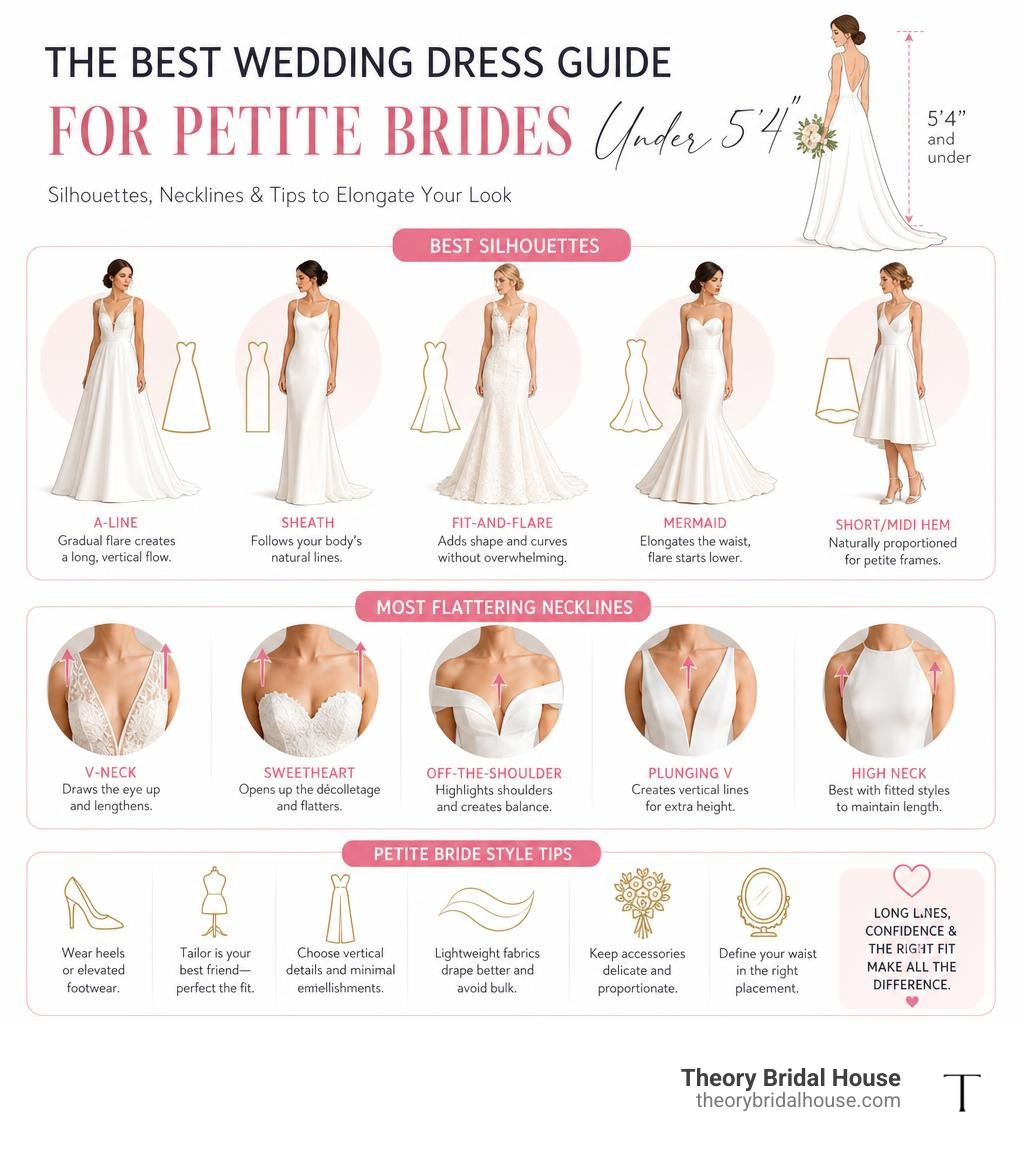 Infographic showing best wedding dress silhouettes, necklines, and tips for petite brides under 5'4