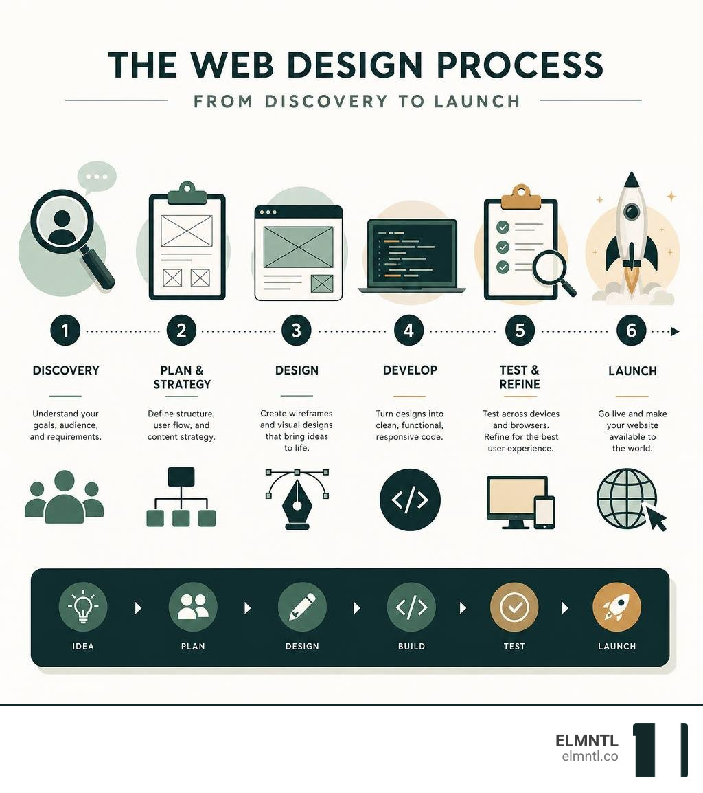 Infographic showing the web design process from discovery to launch infographic