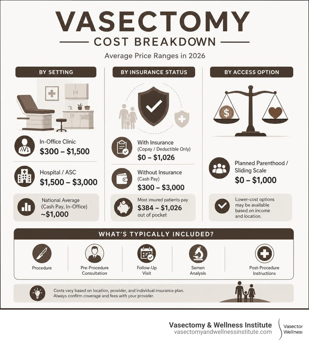 Vasectomy cost breakdown infographic showing average price ranges by setting, insurance status, and included services