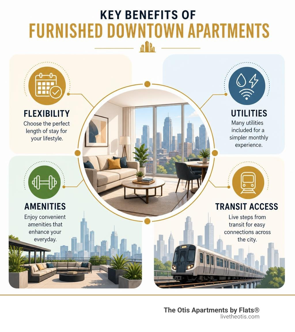 Key benefits of furnished downtown apartments: flexibility, utilities, amenities, and transit access infographic