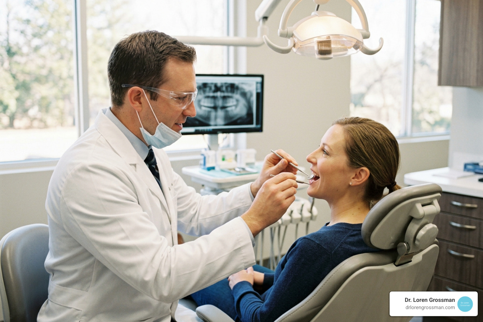 Dentist examining patient's teeth during a smile makeover consultation