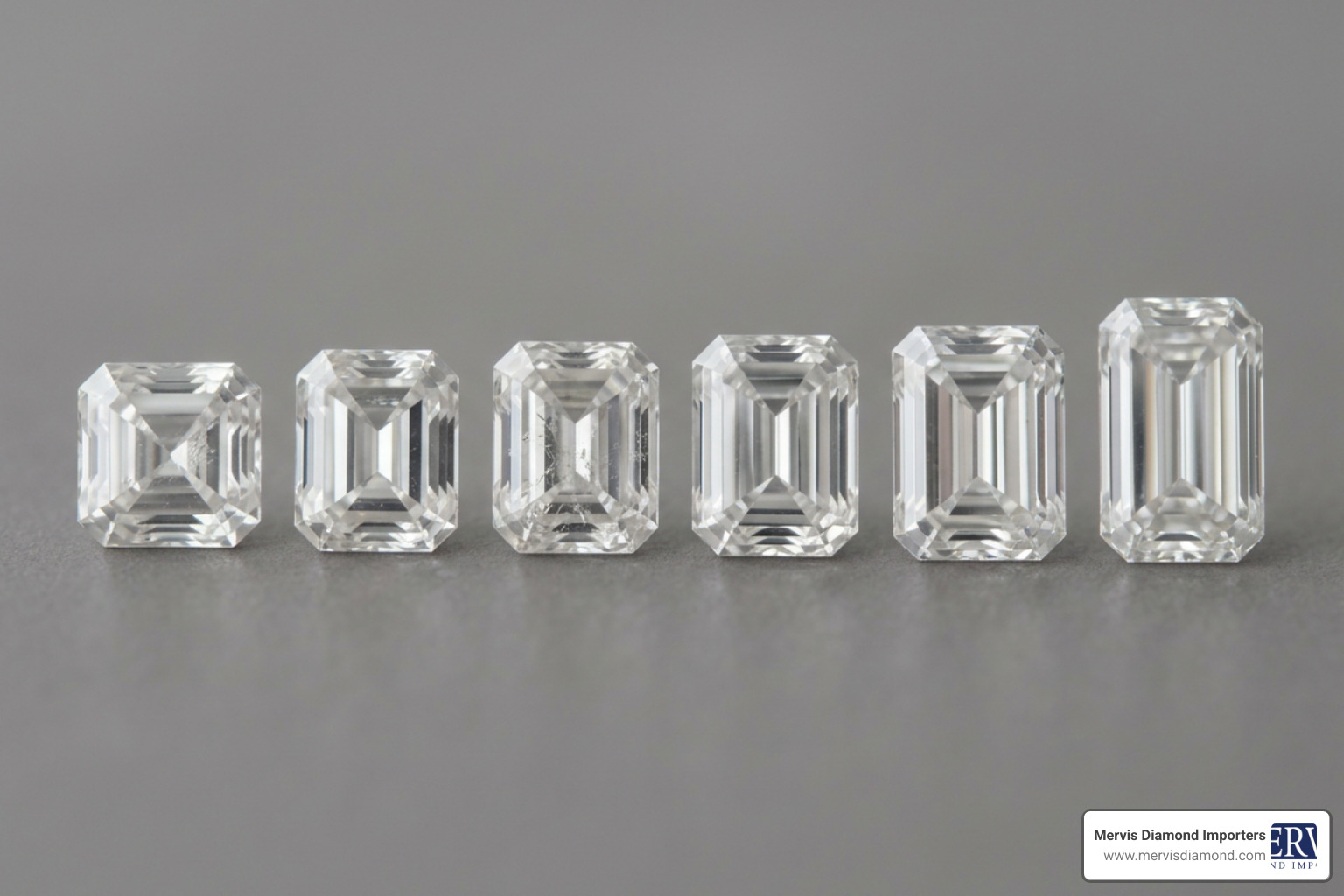 Various length-to-width ratios for emerald cut diamonds ranging from squarish to highly elongated Various length-to-width ratios for emerald cut diamonds ranging from squarish to highly elongated