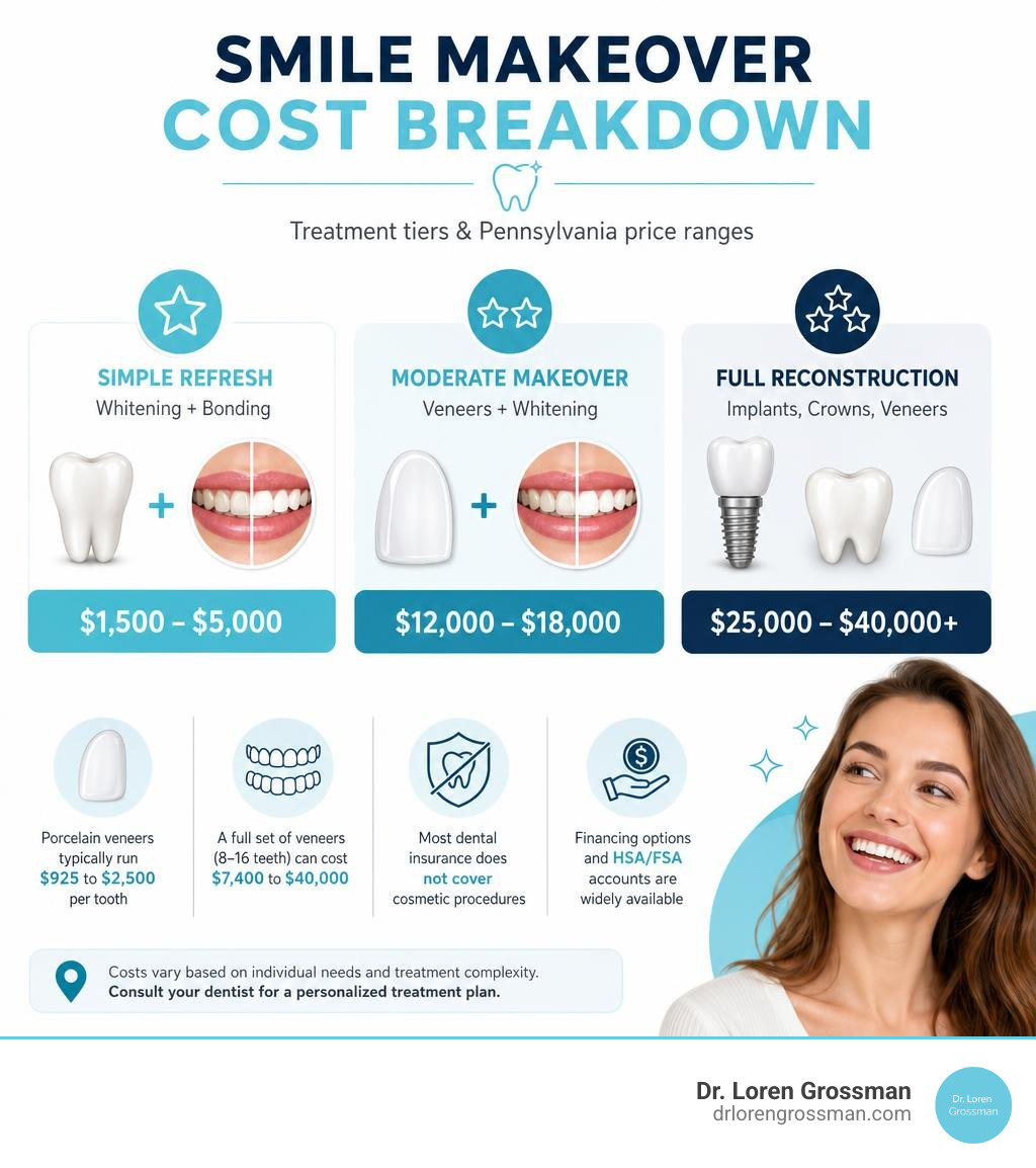 Smile makeover cost breakdown infographic showing treatment tiers and Pennsylvania price ranges infographic