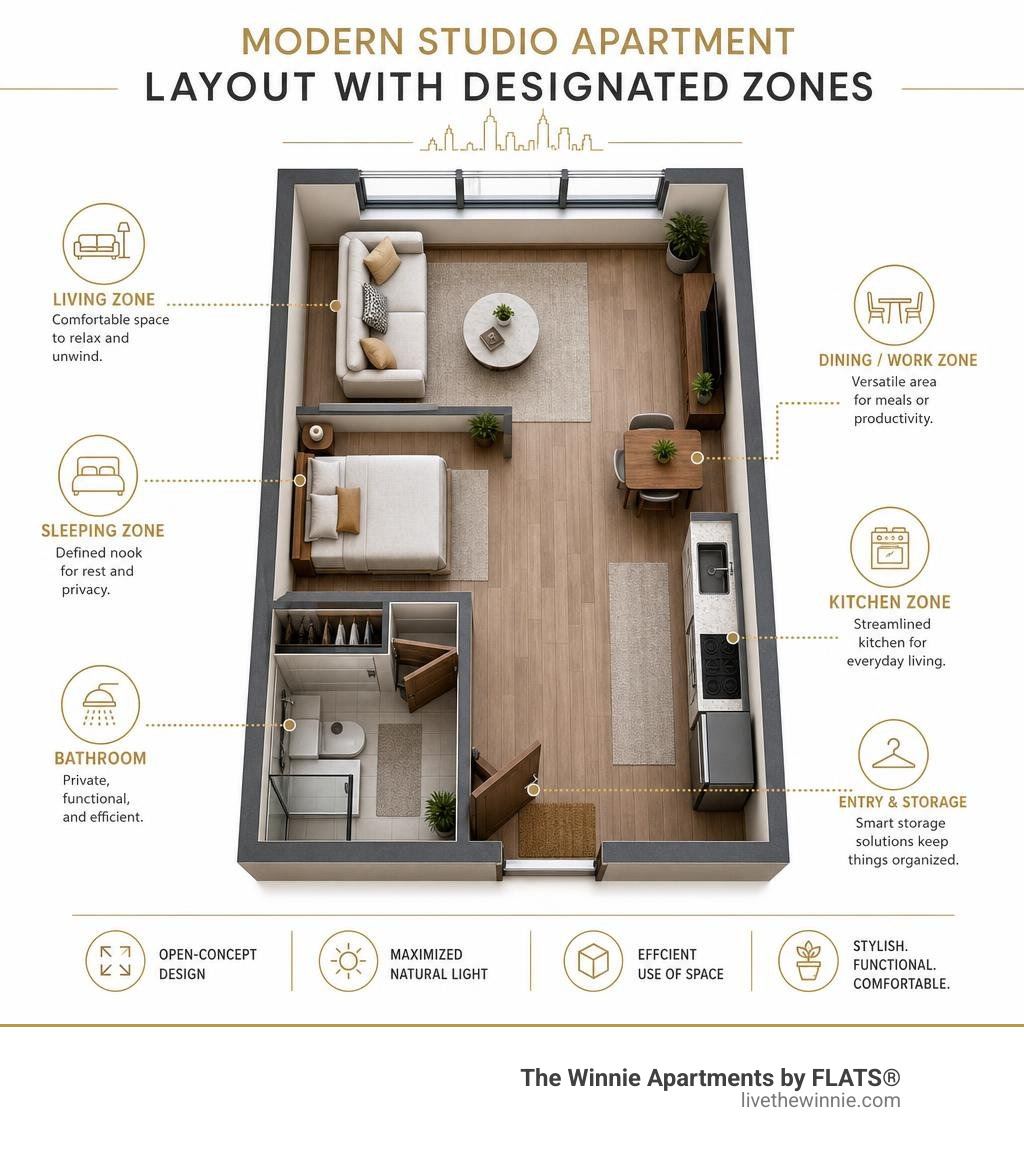 Modern studio apartment layout with designated zones infographic