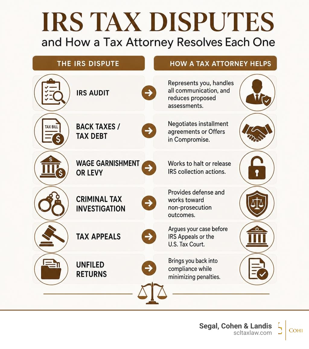 Infographic showing types of IRS tax disputes and how a tax attorney resolves each one infographic