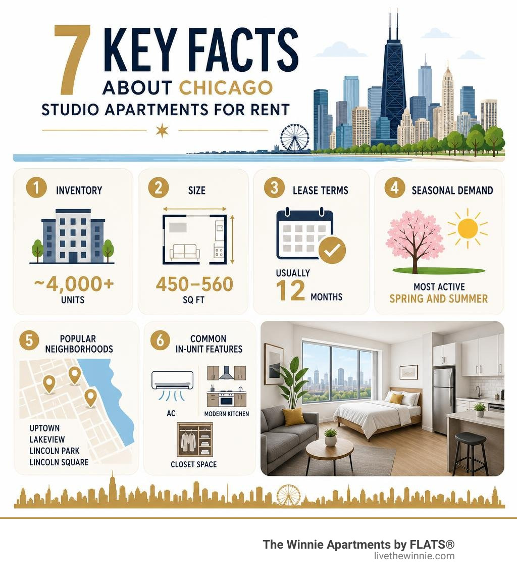 Key facts about Chicago studio apartments: inventory, size, lease terms, neighborhoods, and seasonal demand infographic