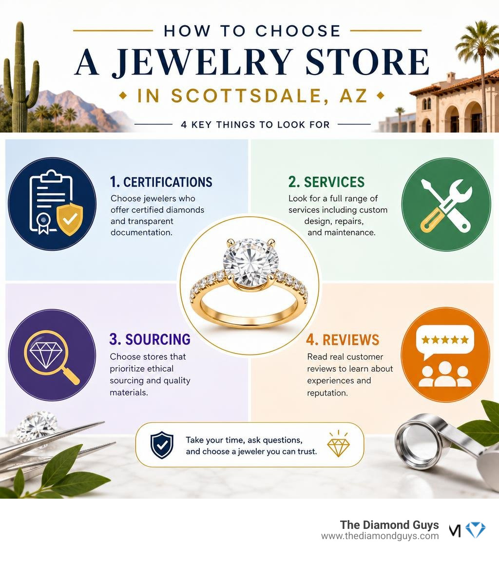 Infographic showing how to choose a jewelry store in Scottsdale AZ: certifications, services, sourcing, reviews infographic Infographic showing how to choose a jewelry store in Scottsdale AZ: certifications, services, sourcing, reviews infographic