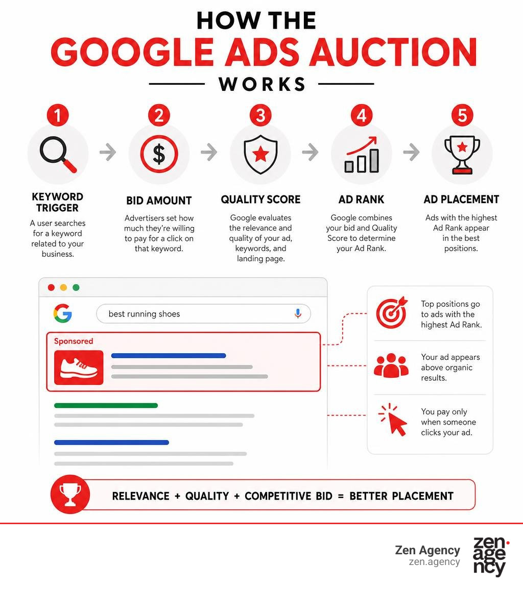 How the Google Ads auction works: keyword trigger, bid amount, Quality Score, Ad Rank, and ad placement infographic How the Google Ads auction works: keyword trigger, bid amount, Quality Score, Ad Rank, and ad placement infographic