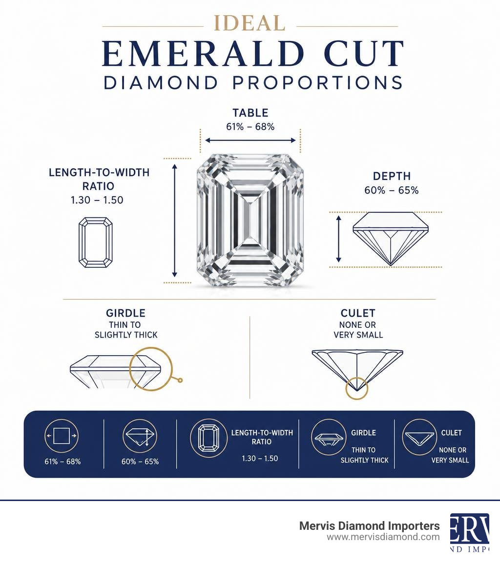 Infographic showing ideal emerald cut diamond proportions including table depth length-to-width ratio girdle and culet Infographic showing ideal emerald cut diamond proportions including table depth length-to-width ratio girdle and culet