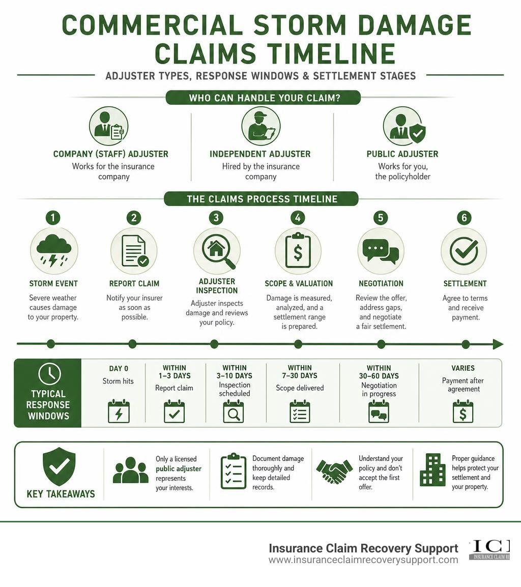 Commercial storm damage claims timeline infographic showing adjuster types, response windows, and settlement stages Commercial storm damage claims timeline infographic showing adjuster types, response windows, and settlement stages