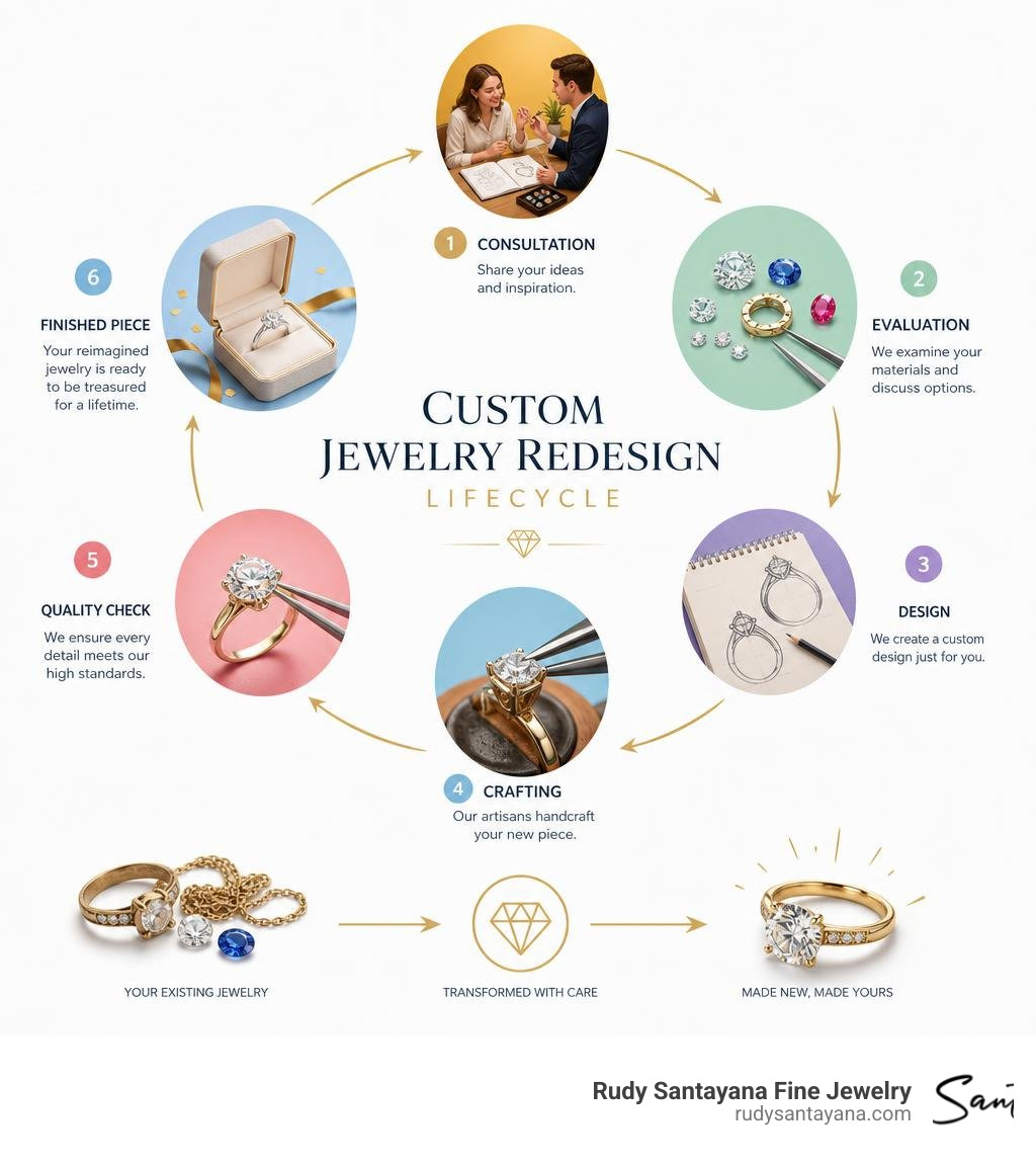 Custom jewelry redesign lifecycle infographic showing steps from consultation to finished piece infographic Custom jewelry redesign lifecycle infographic showing steps from consultation to finished piece infographic