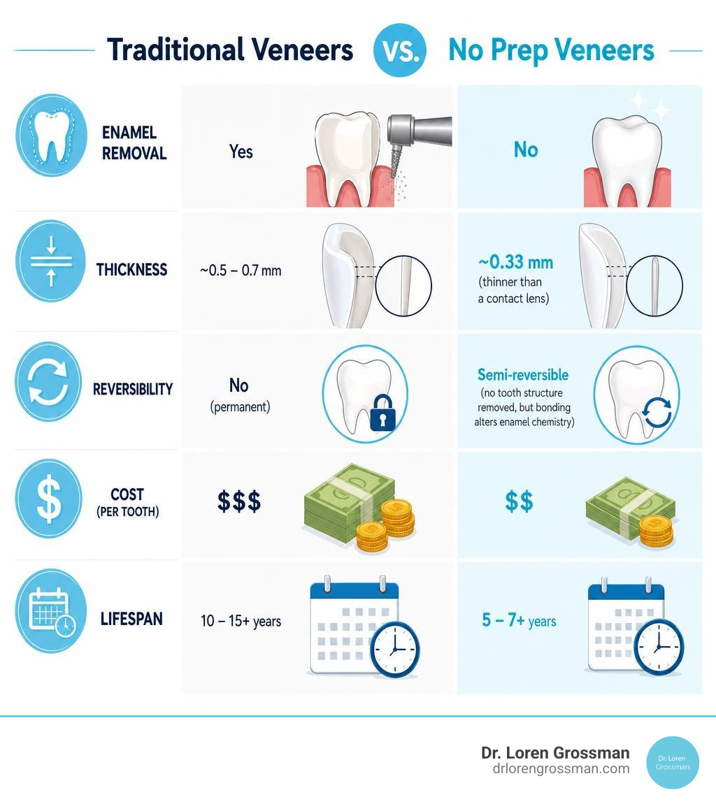 Infographic comparing traditional veneers vs no prep veneers: enamel removal, thickness, reversibility, cost, and lifespan