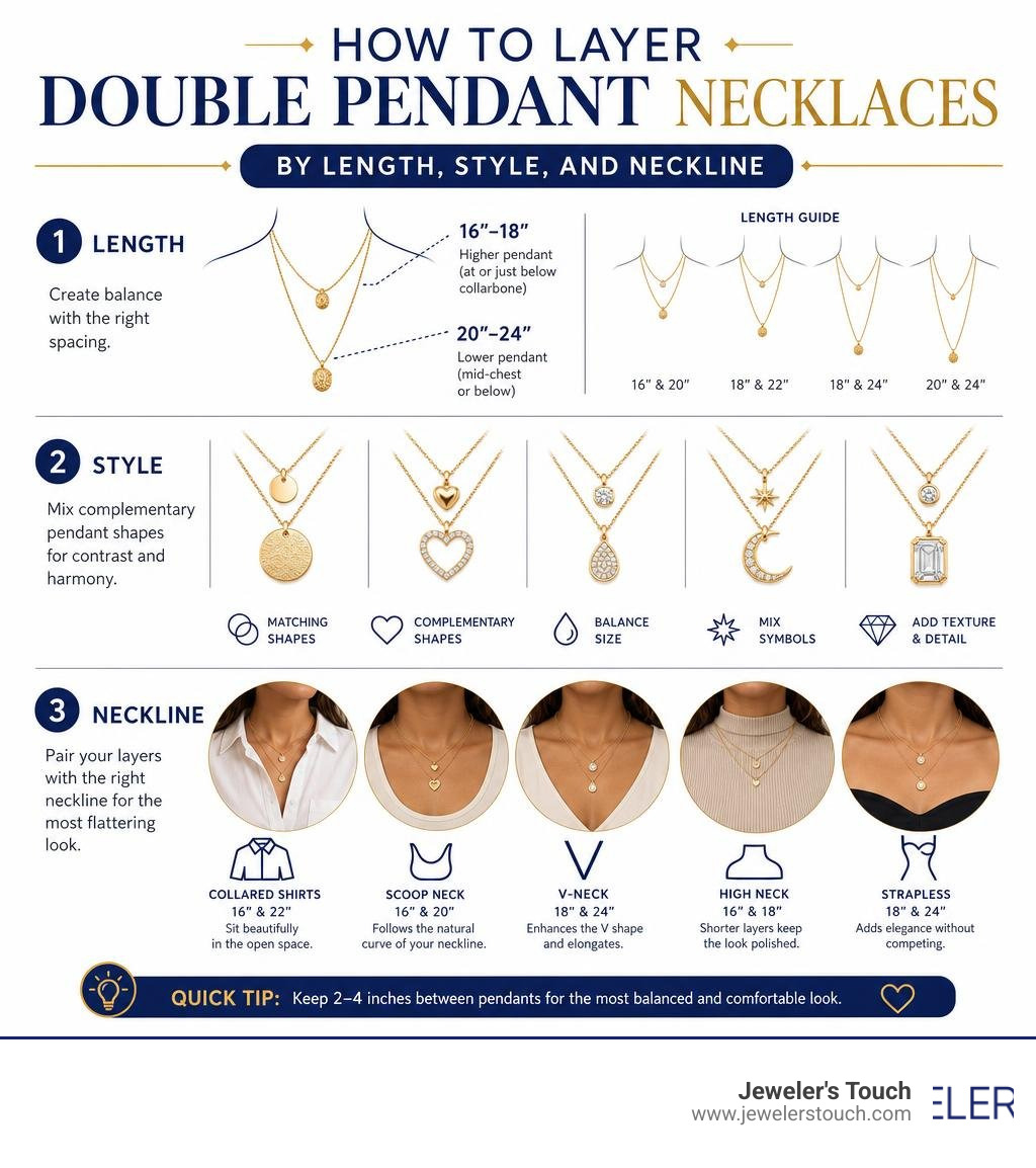 Infographic: how to layer double pendant necklaces by length, style, and neckline infographic