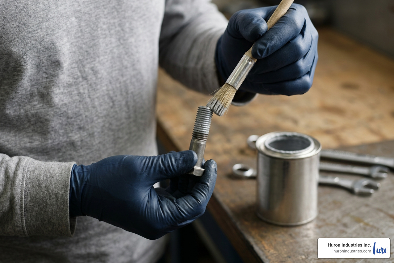 Applying a thin, even film of anti-seize to bolt threads using a brush applicator Applying a thin, even film of anti-seize to bolt threads using a brush applicator