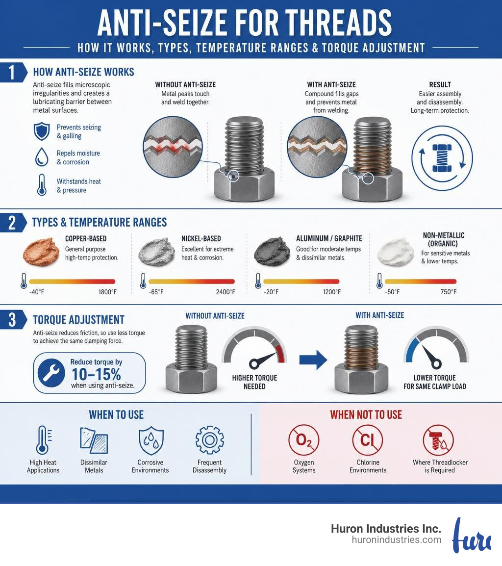 Infographic showing how anti-seize works on threads, types, temperature ranges, and torque adjustment infographic Infographic showing how anti-seize works on threads, types, temperature ranges, and torque adjustment infographic
