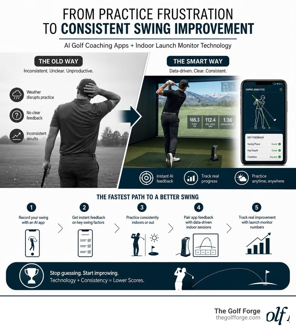 Infographic: From practice frustration to consistent swing improvement using AI golf coaching apps and indoor launch monitor Infographic: From practice frustration to consistent swing improvement using AI golf coaching apps and indoor launch monitor