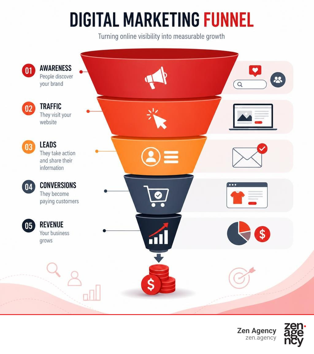 Digital marketing funnel showing awareness, traffic, leads, conversions, and revenue stages infographic