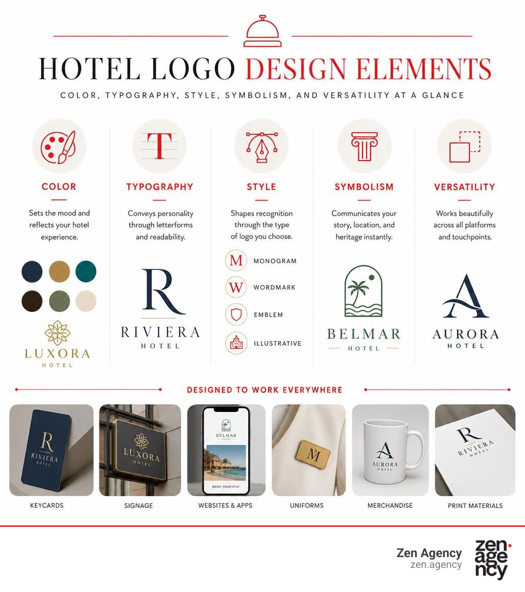 Hotel logo design elements: color, typography, style, symbolism, and versatility at a glance infographic Hotel logo design elements: color, typography, style, symbolism, and versatility at a glance infographic