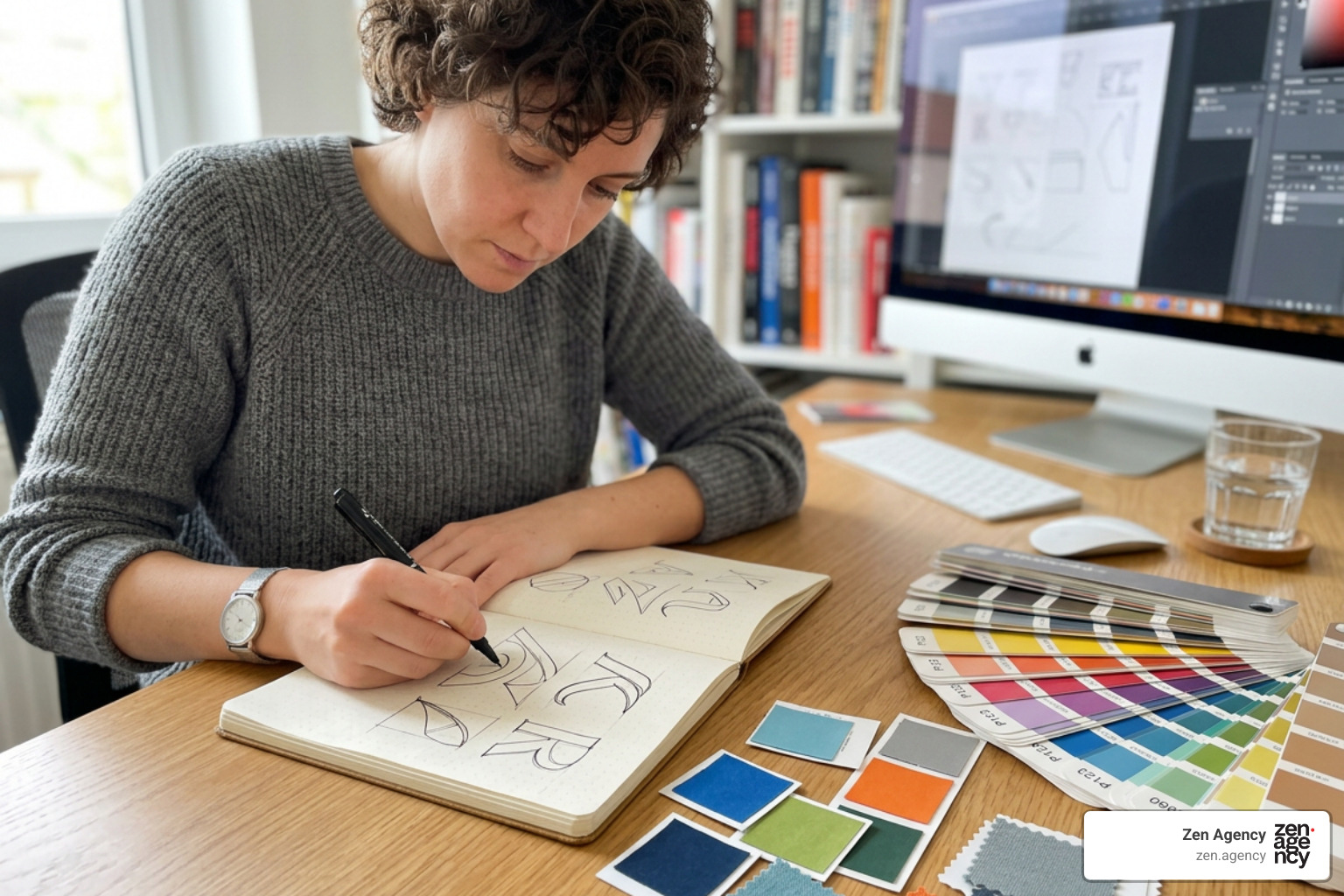 A graphic designer sketching custom brand concepts and choosing color swatches A graphic designer sketching custom brand concepts and choosing color swatches
