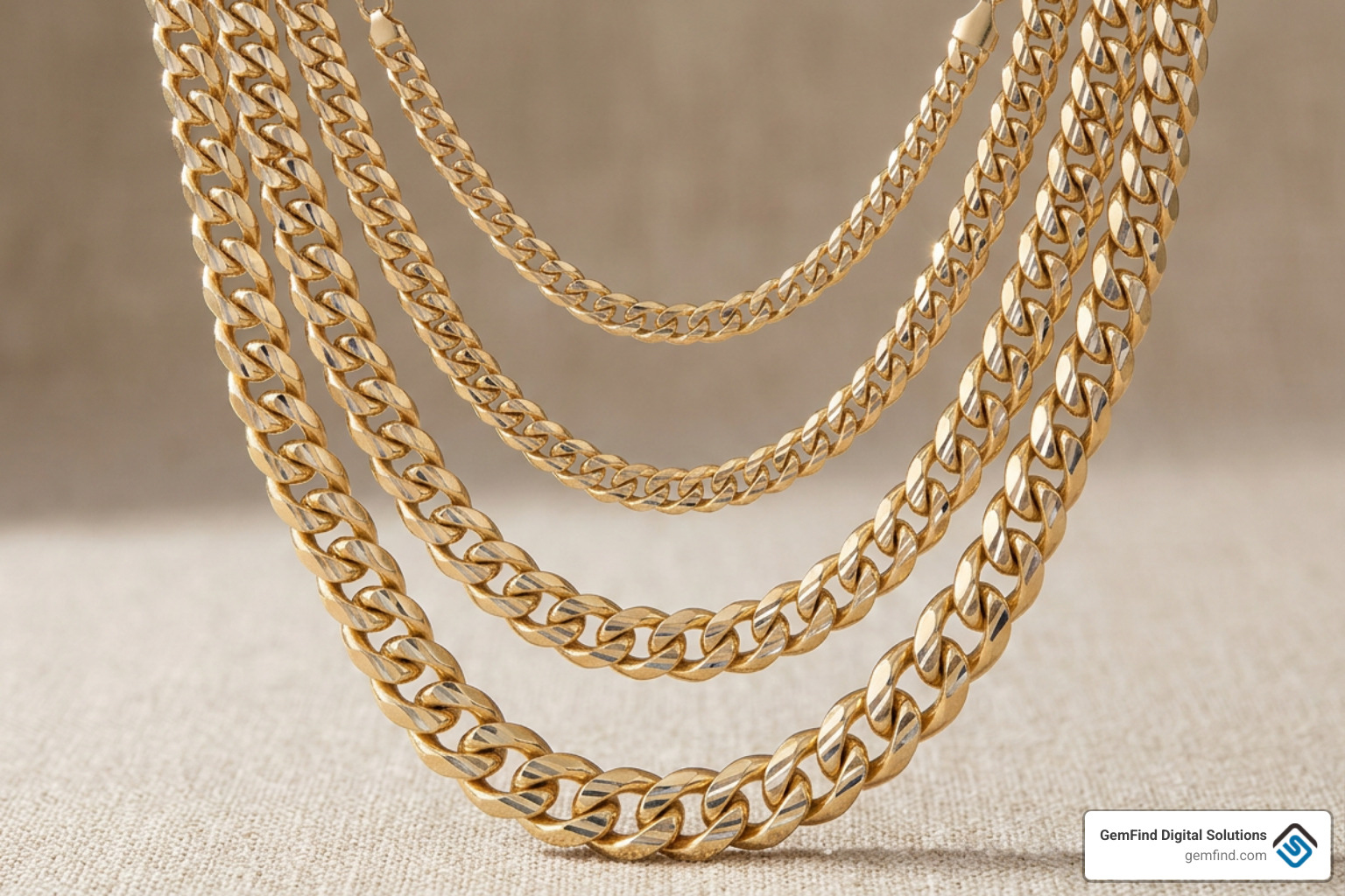 A stylized representation of layered diamond-cut gold chains in different lengths and widths A stylized representation of layered diamond-cut gold chains in different lengths and widths