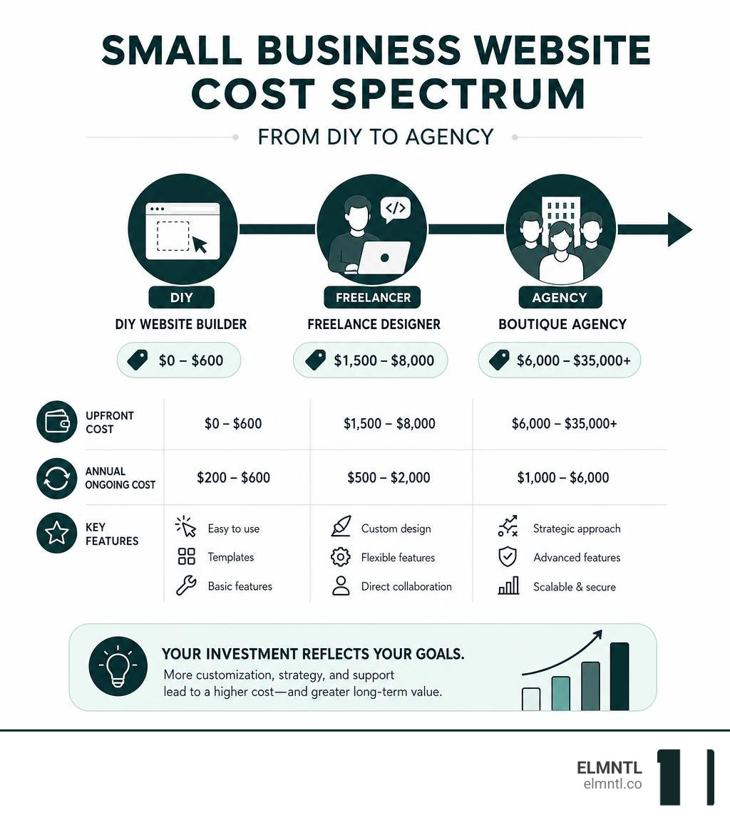 Small business website cost spectrum from DIY to agency with price ranges and key features infographic