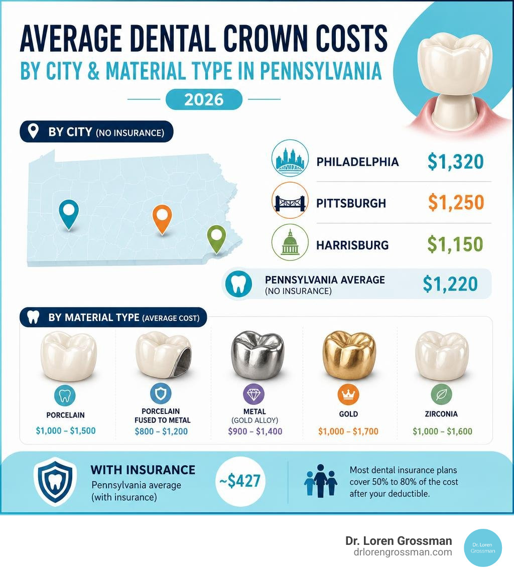 Infographic showing average dental crown costs by city and material type in Pennsylvania 2026 infographic