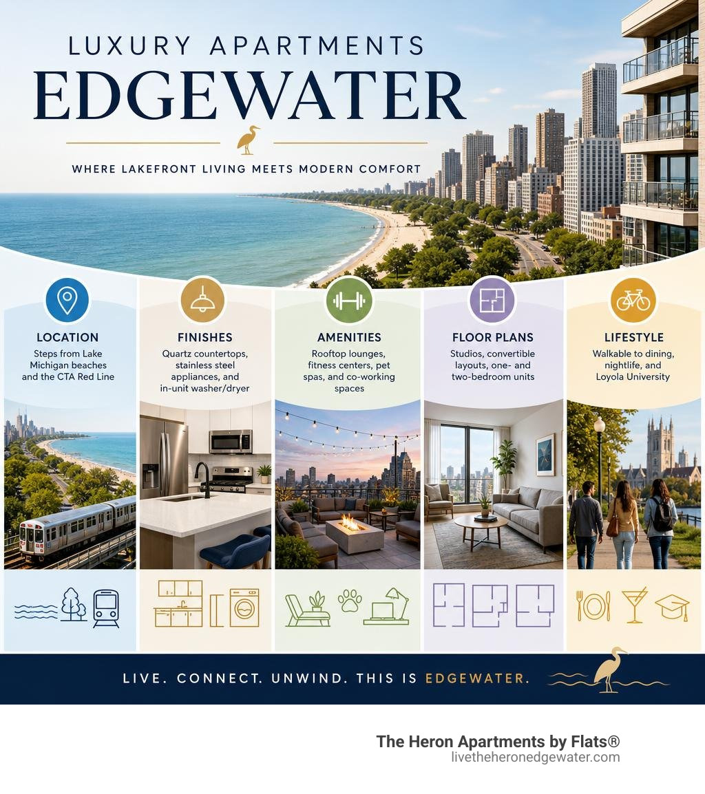 Luxury apartment features in Edgewater: location, finishes, amenities, floor plans, and lifestyle highlights infographic