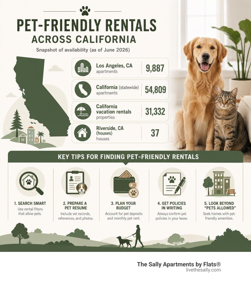 Infographic showing pet-friendly rental statistics across California and key tips for renters infographic