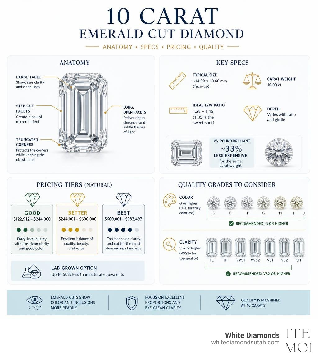 Infographic showing 10 carat emerald cut diamond anatomy, key specs, pricing tiers, and quality grades infographic