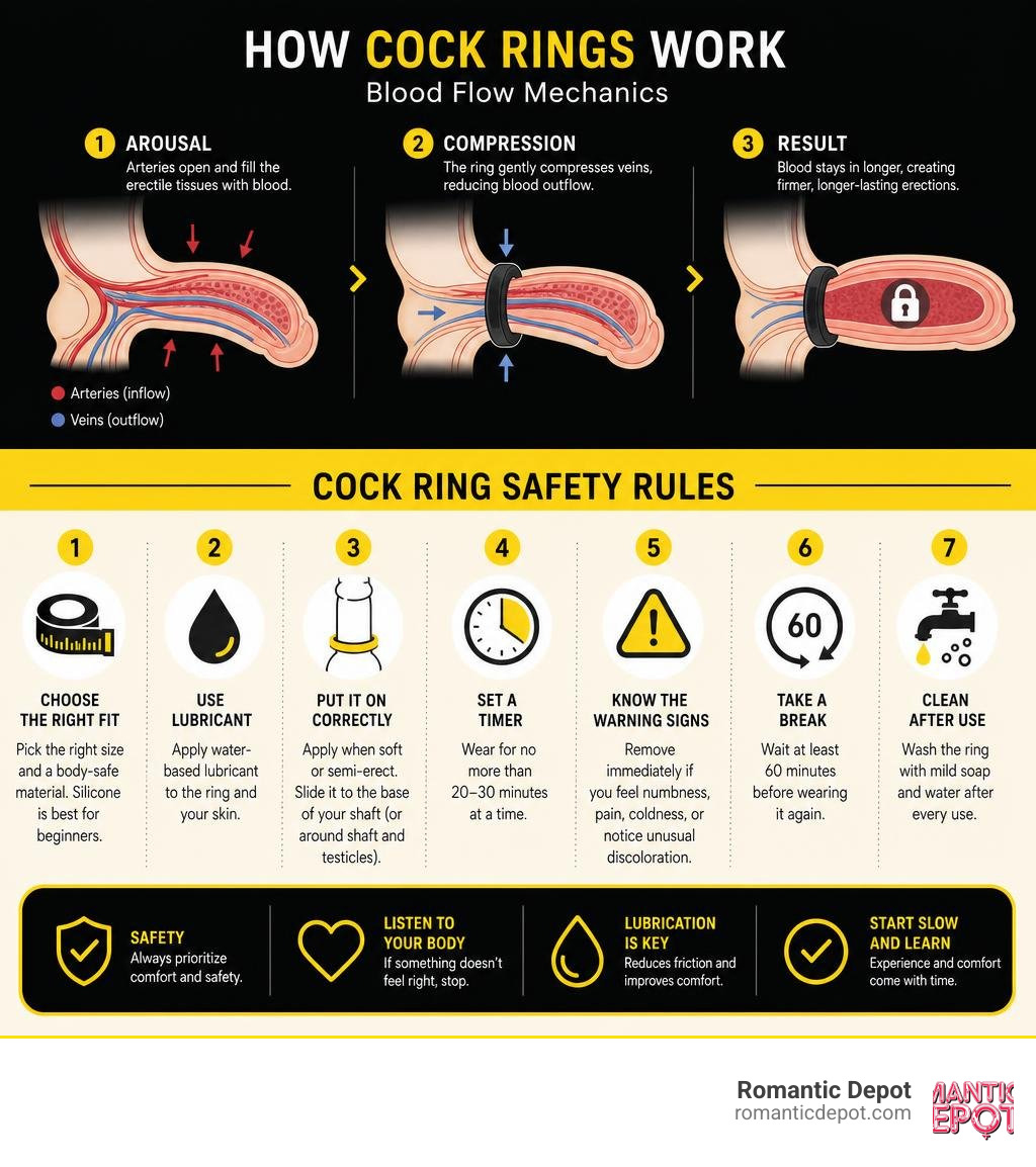 infographic showing blood flow mechanics and step-by-step cock ring safety rules infographic infographic showing blood flow mechanics and step-by-step cock ring safety rules infographic