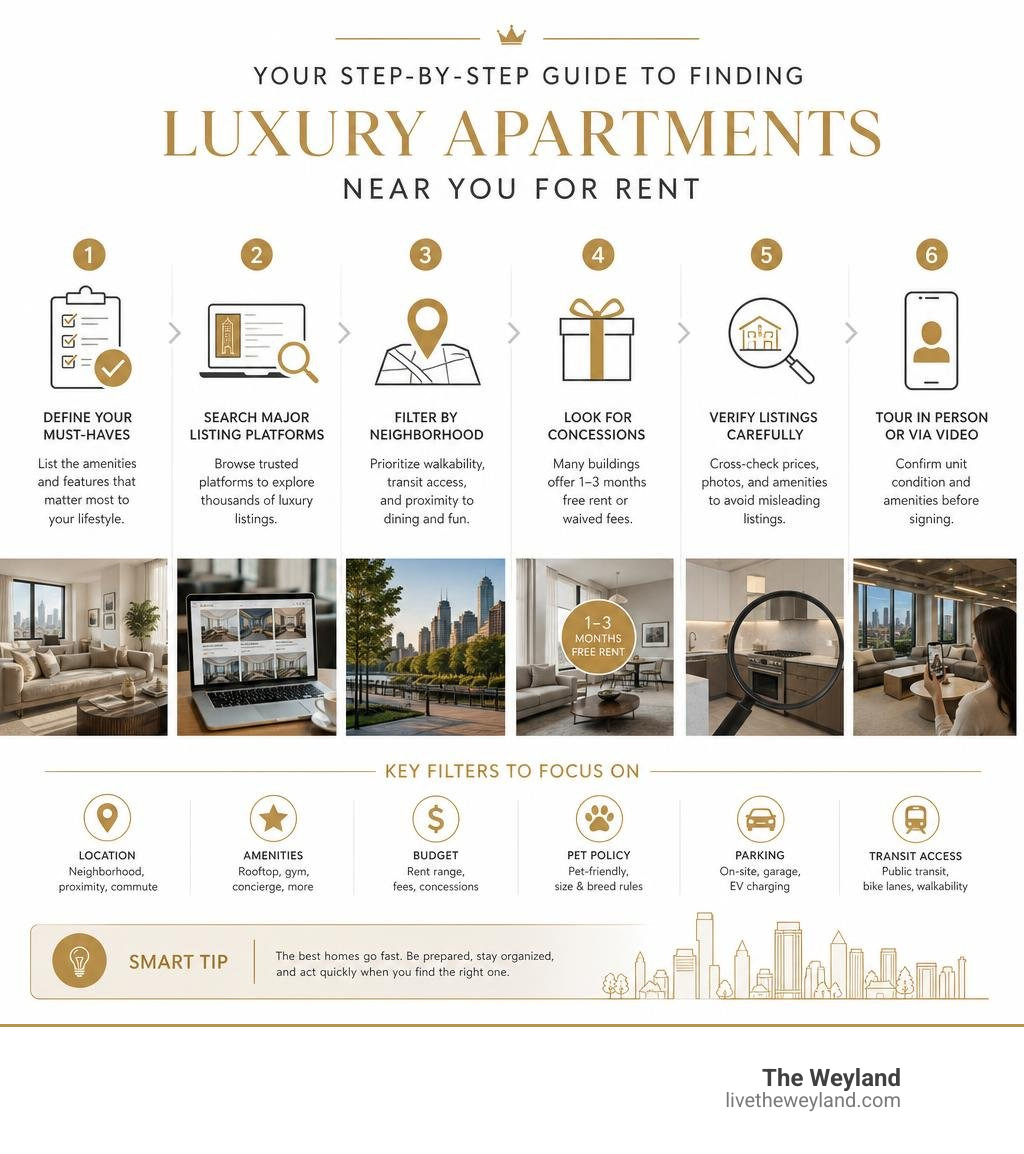 Infographic showing step-by-step luxury apartment search process with key filters and tips infographic