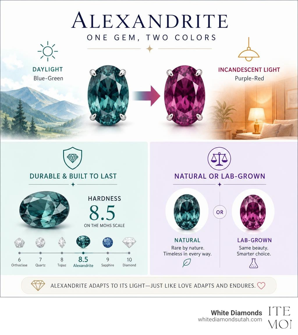 Infographic showing alexandrite color change from blue-green in daylight to purple-red under incandescent light, hardness Infographic showing alexandrite color change from blue-green in daylight to purple-red under incandescent light, hardness