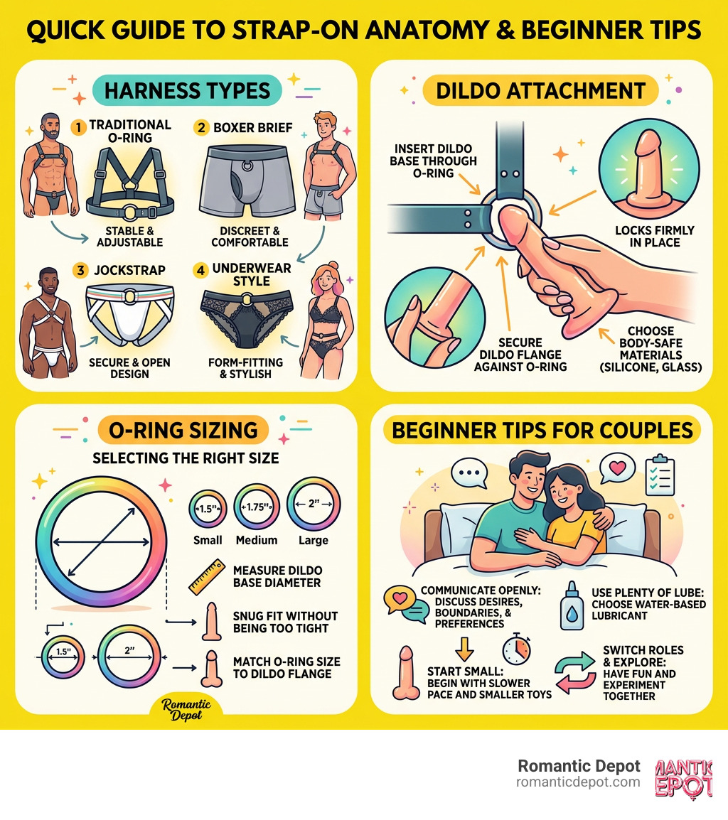 Infographic showing strap-on anatomy: harness types, dildo attachment, O-ring sizing, and beginner tips infographic