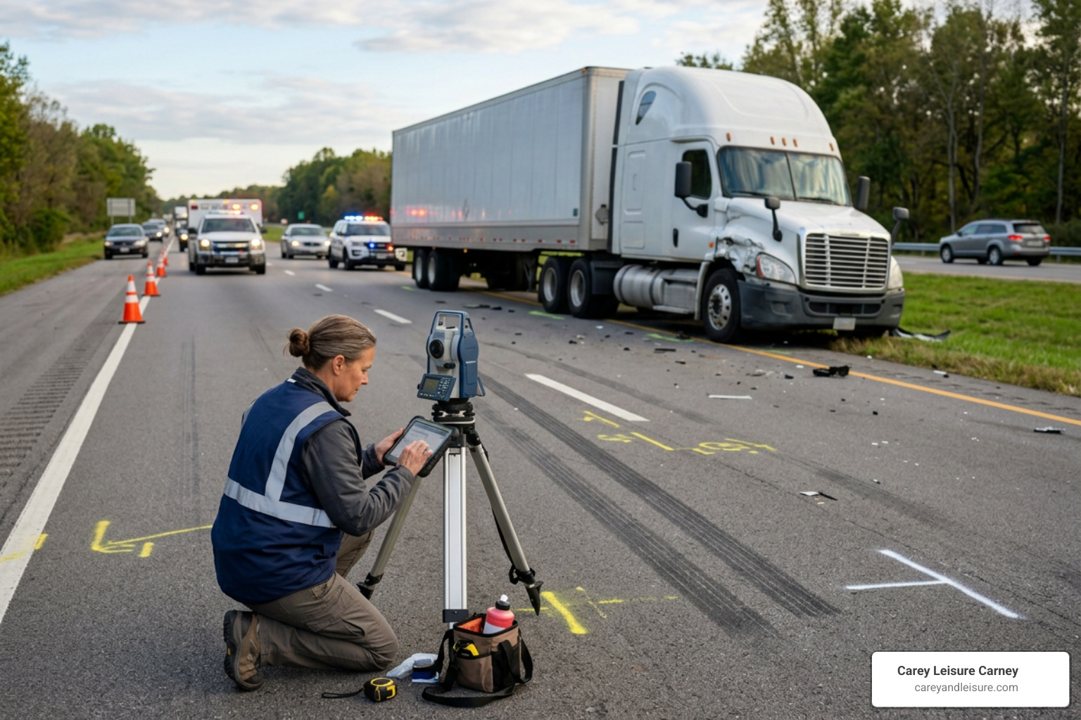 accident reconstruction expert analyzing a semi-truck crash scene accident reconstruction expert analyzing a semi-truck crash scene