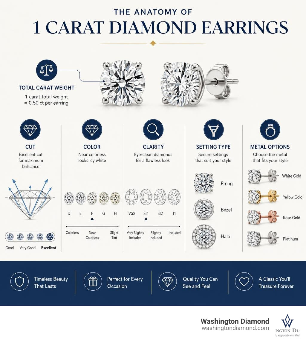 Infographic showing 1 carat diamond earring anatomy: total carat weight, cut, color, clarity, setting type, and metal