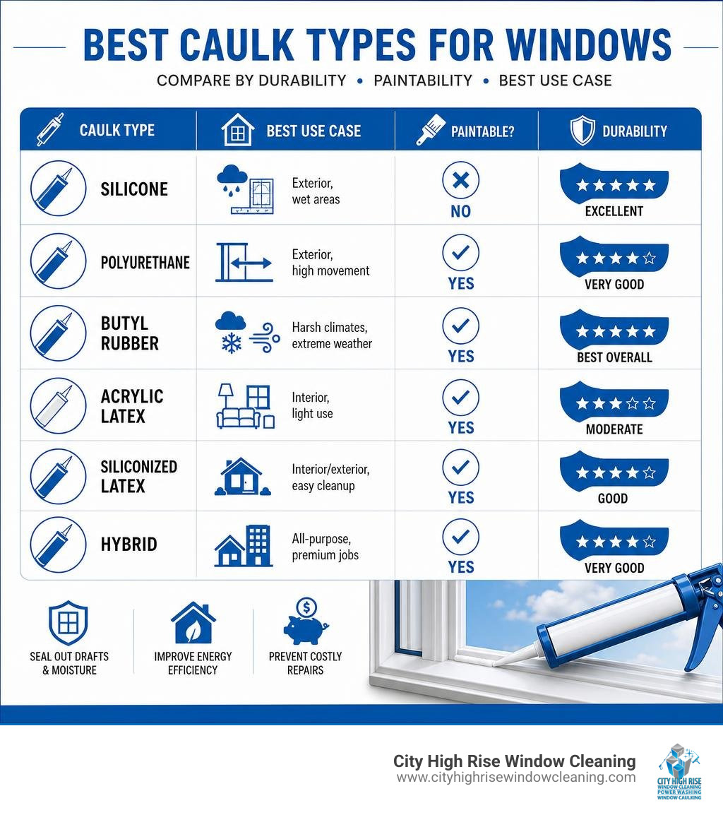 Infographic comparing best caulk types for windows by durability, paintability, and best use case infographic Infographic comparing best caulk types for windows by durability, paintability, and best use case infographic